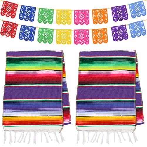 Dreamtop 2pcs 14 x 84 Zoll Mexikanischer Tischläufer Mexikanischen Serape Läufer Baumwolle Bunte Fransen Tisch Läufer mit 16pcs Papel Picado Banner Fiesta Banner für mexikanische Party Hochzeit von Dreamtop