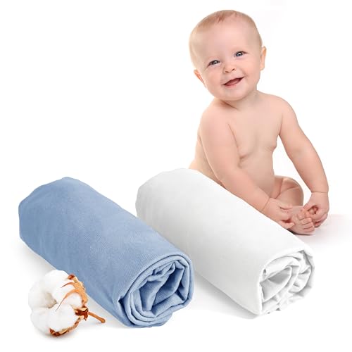 Dreamzie - Spannbettlaken 70x140 Baby 2er Pack - Baumwolle Oeko Tex Zertifiziert - Weiß und Blau - 100% Jersey Spannbetttuch 70x140cm von Dreamzie