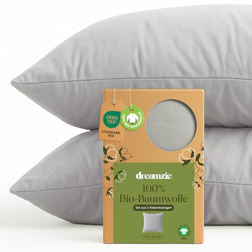 Dreamzie - 100% Bio-Baumwolle - Kissenbezug 30x30 cm Baumwolle - 2er Set - Grau - Kissenbezug mit Reißverschluss - Oeko-Tex von Dreamzie