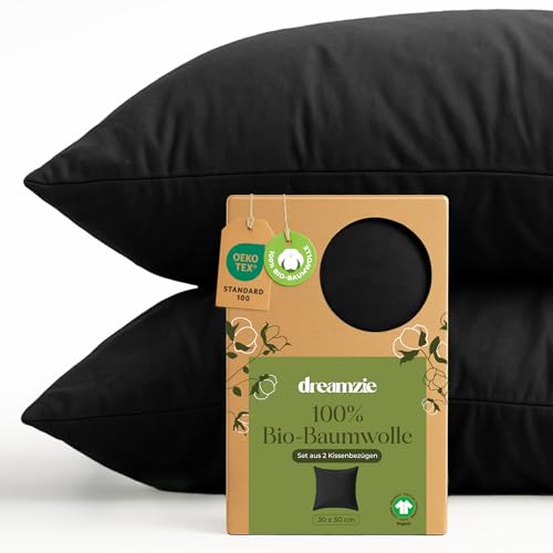 Dreamzie - 100% Bio-Baumwolle - Kissenbezug 30x30 cm Baumwolle - 2er Set - Schwarz - Kissenbezug mit Reißverschluss - Oeko-Tex von Dreamzie