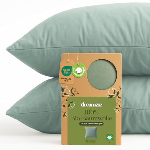 Dreamzie - 100% Bio-Baumwolle - Kissenbezug 50x50 cm Baumwolle - 2er Set - Grün - Kissenbezug mit Reißverschluss - Oeko-Tex Dreamzie - 100% Bio-Baumwolle - Kissenbezug 50x50 cm Baumwolle - 2er Set - Grün - Kissenbezug mit Reißverschluss - Oeko-Tex von Dreamzie