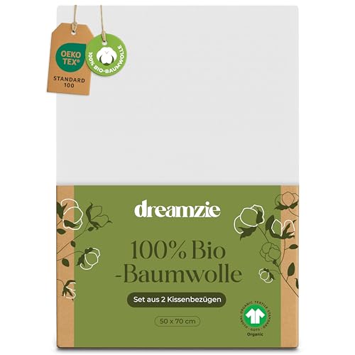 Dreamzie - 100% Bio-Baumwolle - Kissenbezug 50x70 cm Baumwolle - 2er Set - Weiß - Kissenbezug mit Reißverschluss - Oeko-Tex von Dreamzie