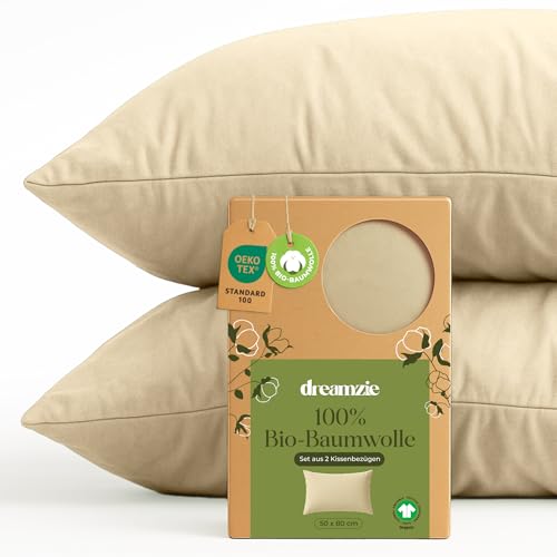 Dreamzie - 100% Bio-Baumwolle - Kissenbezug 50x80 cm Baumwolle - 2er Set - Beige - Kissenbezug mit Reißverschluss - Oeko-Tex Dreamzie - 100% Bio-Baumwolle - Kissenbezug 50x80 cm Baumwolle - 2er Set - Beige - Kissenbezug mit Reißverschluss - Oeko-Tex von Dreamzie