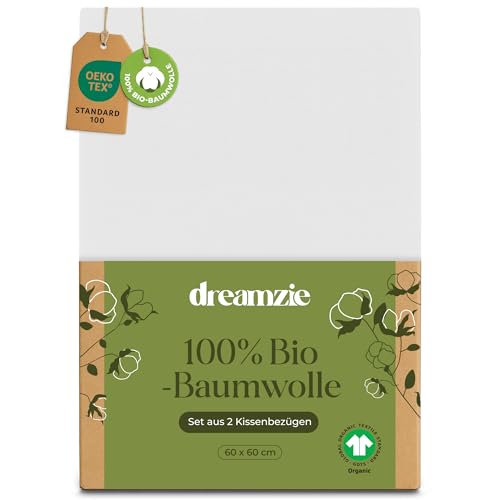 Dreamzie - 100% Bio-Baumwolle - Kissenbezug 60x60 cm Baumwolle - 2er Set - Weiß - Kissenbezug mit Reißverschluss - Oeko-Tex von Dreamzie