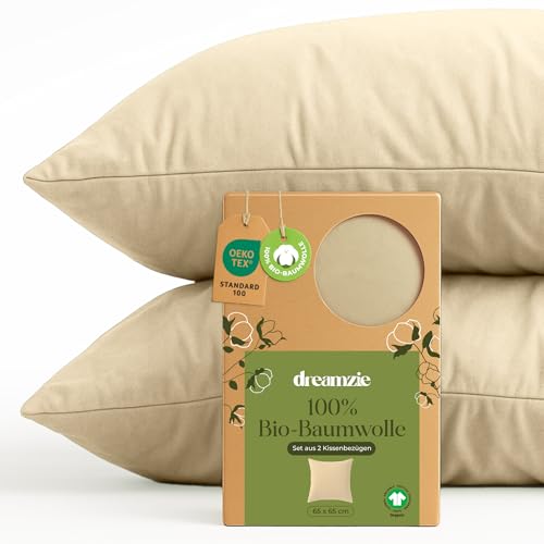 Dreamzie - 100% Bio-Baumwolle - Kissenbezug 65x65 cm Baumwolle - 2er Set - Beige - Kissenbezug mit Reißverschluss - Oeko-Tex von Dreamzie