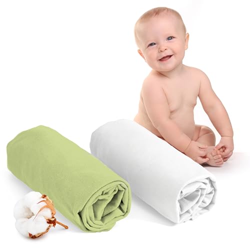 Dreamzie - Spannbettlaken 70x140 Baby 2er Pack - Baumwolle Oeko Tex Zertifiziert - Weiß und Grün - 100% Jersey Spannbetttuch 70x140cm von Dreamzie
