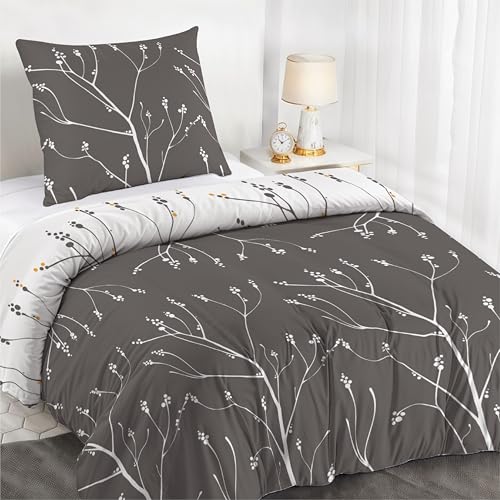 Dreamzie Bettwäsche Set 140x200 cm mit 1 Kissenbezügen 65x65 cm - Muster Zweige Grau - Bettwäsche 140x200 Einzelbett aus 100% Mikrofaser - Zertifiziert ohne Chemikalien (Oeko TEX) von Dreamzie