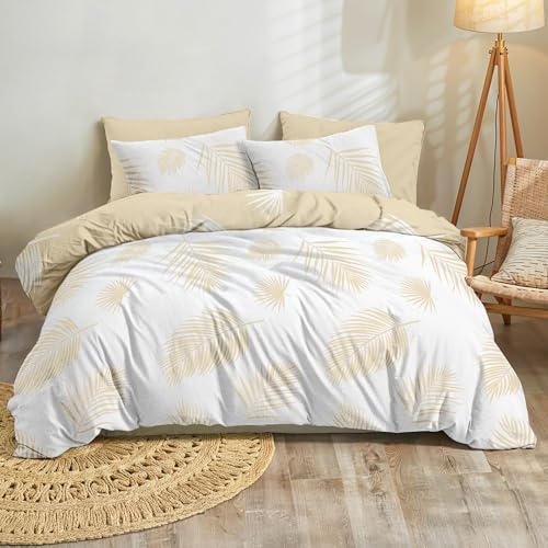 Dreamzie - Bettwäsche Set 220x240 cm Motiv Tropische Palmblätter Beige und Weiß mit 2 Kissenbezügen 50x70 cm - Bettwäsche 220x240 Einzelbett aus 100% Mikrofaser-Zertifiziert ohne Chemikalien(Oeko TEX) von Dreamzie