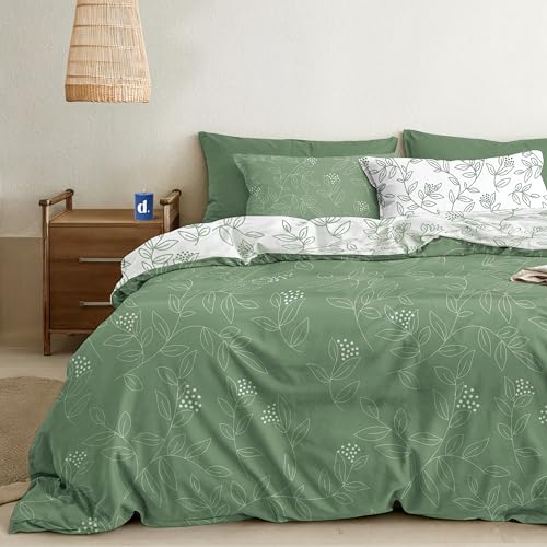 Dreamzie Bettwäsche Set 220x240 cm mit 2 Kissenbezügen 80x80 cm – Salbeigrünes Blättermuster – Bettwäsche für Erwachsene aus 100% Mikrofaser – Oeko-Tex Zertifiziert – Ohne Schadstoffe von Dreamzie