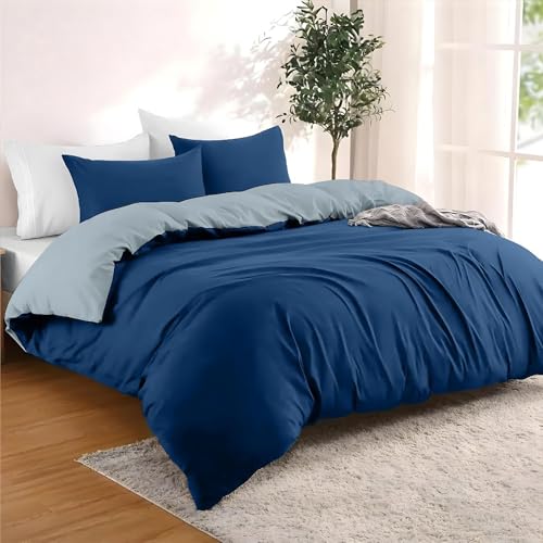 Dreamzie - Bettwäsche Set 240x220 cm mit 2 Kissenbezügen 65x65 cm Dunkelblau/Blaugrau - 1 Bettbezug 240x220 aus 100% Mikrofaser - Zertifiziert ohne Chemikalien (Oeko TEX) von Dreamzie