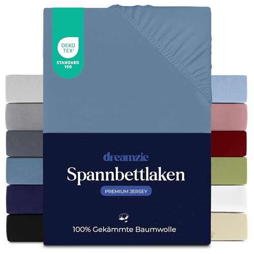 Dreamzie Premium Spannbettlaken 180x200 cm, Spannbetttuch für Dicke Matratzen bis zu 27 cm, Bettlaken 100% Jersey Baumwolle, 150 g/m², Oeko-TEX Zertifiziert - Blau Dreamzie Premium Spannbettlaken 180x200 cm, Spannbetttuch für Dicke Matratzen bis zu 27 cm, Bettlaken 100% Jersey Baumwolle, 150 g/m², Oeko-TEX Zertifiziert - Blau von Dreamzie