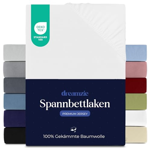 Dreamzie Premium Spannbettlaken 180x200 cm, Spannbetttuch für Dicke Matratzen bis zu 27 cm, Bettlaken 100% Jersey Baumwolle, 150 g/m², Oeko-TEX Zertifiziert - Weiß Dreamzie Premium Spannbettlaken 180x200 cm, Spannbetttuch für Dicke Matratzen bis zu 27 cm, Bettlaken 100% Jersey Baumwolle, 150 g/m², Oeko-TEX Zertifiziert - Weiß von Dreamzie