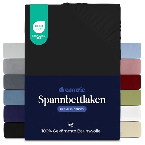 Dreamzie Premium Spannbettlaken 70x200 cm, Spannbetttuch für Dicke Matratzen bis zu 12 cm, Bettlaken 100% Jersey Baumwolle, 150 g/m², Oeko-TEX Zertifiziert - Schwarz Dreamzie Premium Spannbettlaken 70x200 cm, Spannbetttuch für Dicke Matratzen bis zu 12 cm, Bettlaken 100% Jersey Baumwolle, 150 g/m², Oeko-TEX Zertifiziert - Schwarz von Dreamzie