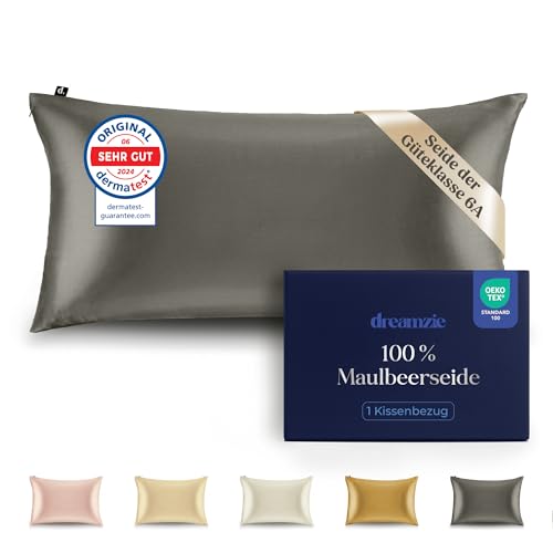 Dreamzie Seidenkissenbezug 100% Silk Pillowcase 22 Momme Güteklasse 6A - Oeko-Tex Zert. für Haar und Haut - 1 Stück - Dunkelgrau - 40 x 80 cm von Dreamzie
