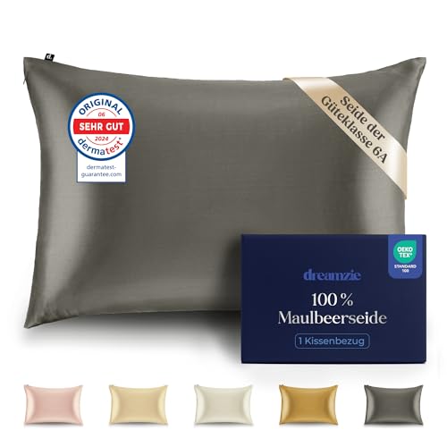 Dreamzie Seidenkissenbezug 100% Silk Pillowcase 22 Momme Güteklasse 6A - Oeko-Tex Zert. für Haar und Haut - 1 Stück - Dunkelgrau - 50 x 70 cm von Dreamzie