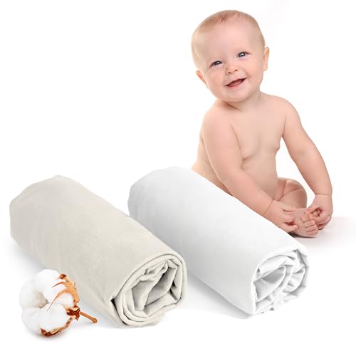 Dreamzie - Spannbettlaken 60x120 Baby 2er Pack - Baumwolle Oeko Tex Zertifiziert - Weiß und Beige - 100% Jersey Spannbettlaken 60x120cm von Dreamzie