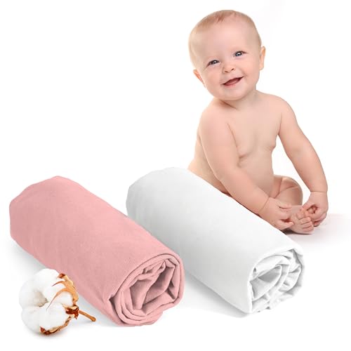 Dreamzie - Spannbettlaken 60x120 Baby 2er Pack - Baumwolle Oeko Tex Zertifiziert - Weiß und Rose - 100% Jersey Spannbettlaken 60x120cm von Dreamzie
