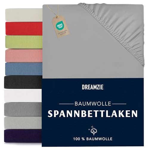 Dreamzie - Spannbettlaken 140 x 190/200 cm, Grau, 100% Jersey-Baumwolle, Zertifiziert nach Öko-Tex – Spannbettlaken 140 x 190/200 cm von Dreamzie