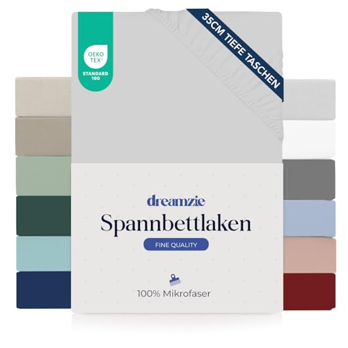 Dreamzie Spannbettlaken 135 x 190/200 cm - 35 cm Tiefe Tasche - 100% Mikrofaser Bettlaken - Grau, Schadstoffgeprüft(Oeko TEX), Bettlaken mit Gummizug von Dreamzie