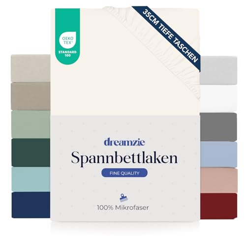Dreamzie Spannbettlaken 135 x 190/200 cm - 35 cm Tiefe Tasche - 100% Mikrofaser Bettlaken - Elfenbein, Schadstoffgeprüft(Oeko TEX), Bettlaken mit Gummizug von Dreamzie