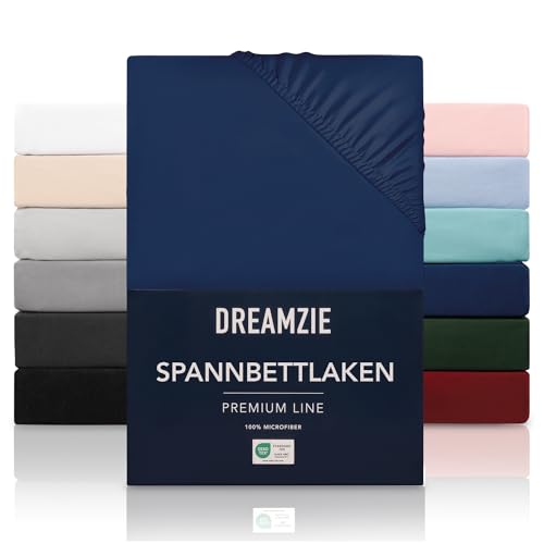 Dreamzie Spannbetttlaken 150x200 cm - 100% Microfraser - Spannbetttuch für Dicke Matratzen bis zu 30 cm - Dunkelblau - Schadstoffgeprüft (Oeko TEX), Bettlaken mit Gummizug von Dreamzie