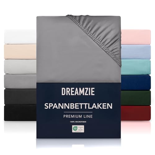 Dreamzie Spannbetttlaken 200x200 cm - Hoher Steg bis 33 cm - 100% Mikrofaser - Anthrazit - Schadstoffgeprüft (Oeko TEX), Bettlaken mit Gummizug von Dreamzie