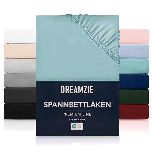 Dreamzie Spannbetttlaken 200x200 cm - Hoher Steg bis 33 cm - 100% Mikrofaser - Aqua - Schadstoffgeprüft (Oeko TEX), Bettlaken mit Gummizug von Dreamzie