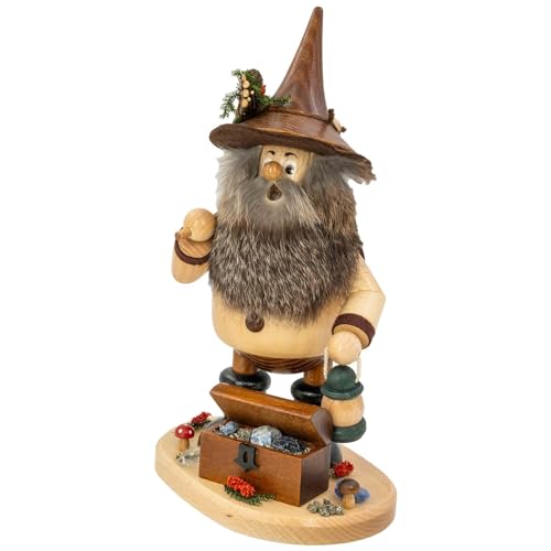 Drechselwerkstatt Uhlig DWU | Erzgebirgisches Räuchermännchen Räuchermann | Weihnachtsdekoration Handwerkskunst | Waldwichtel 25 cm | Erzträger mit Schatzkiste von Drechselwerkstatt Uhlig