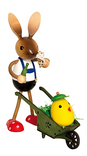 Drechslerei Kuhnert - Osterdekoration/Osterhase - Kuhnert Hase mit Schubkarre und Küken, aus Holz, Größe: stehend ca. 19 cm, EIN Original aus dem Erzgebirge, Made in Germany von Kuhnert