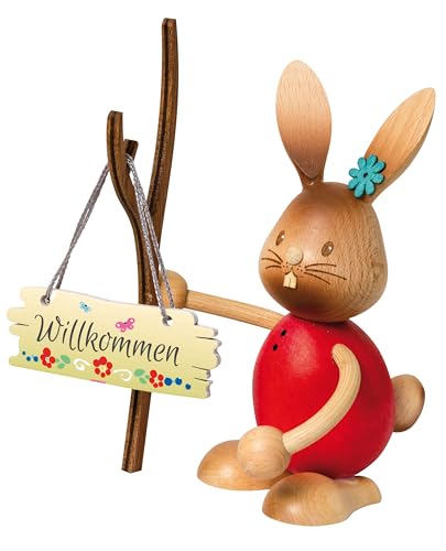 Drechslerei Kuhnert - Osterdekoration/Osterhase - Stupsi Hase mit "Herzlich Willkommen"-Schild - aus Holz - Made in Germany von Drechslerei Kuhnert