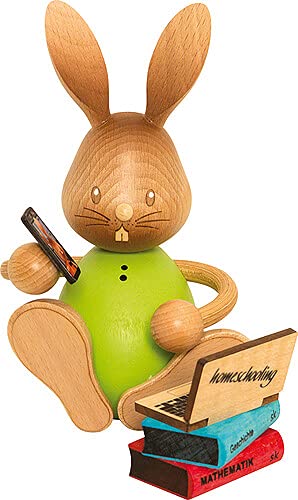 Drechslerei Kuhnert Osterdekoration/Osterhase „Stupsi Hase Homeschooling mit Laptop“ 11 cm, aus feinstem Holz, für ein bezauberndes Osterfest oder eine dauerhafte Dekoration, Holzkunst Made in Germany von Drechslerei Kuhnert