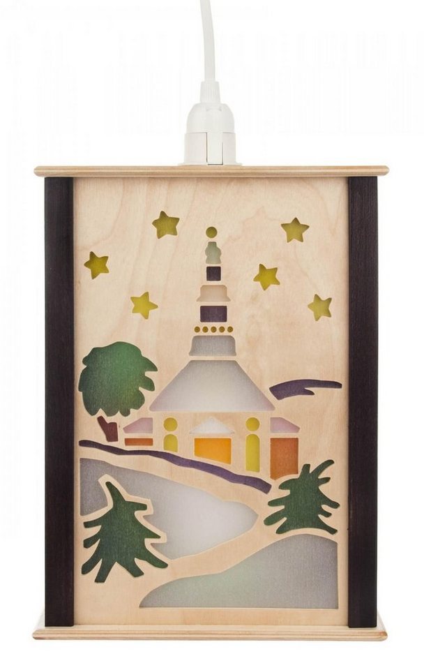 Dregeno Erzgebirge Fensterbild Fensterlaterne Seiffener Kirche, klein BxHxT 175x230x80mm NEU, mit schönen bunten Weihnachtsmotiven zum aufhängen von Dregeno Erzgebirge