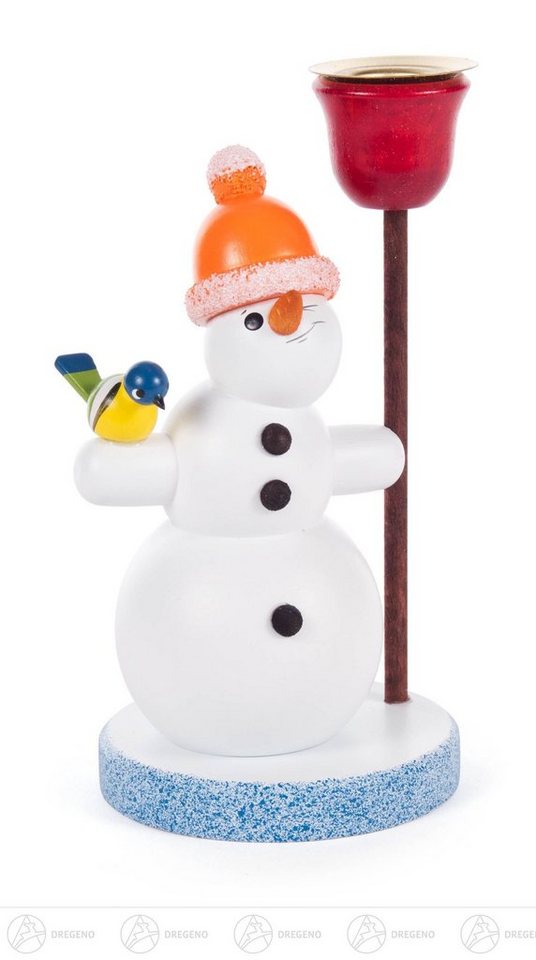 Dregeno Erzgebirge Kerzenhalter Kerzenhalter Schneemann mit Licht und orangener Pudelmütze, für Kerze von Dregeno Erzgebirge