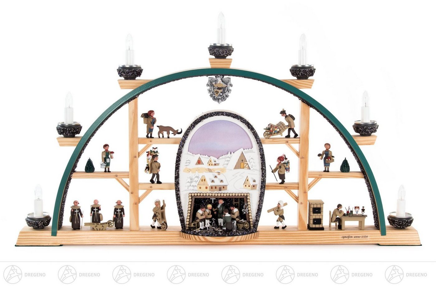 Dregeno Erzgebirge Lichterbogen Schwibbogen "Cynsifen anno 1324" mit Bergwerk und Erzgebirgsfiguren von Dregeno Erzgebirge