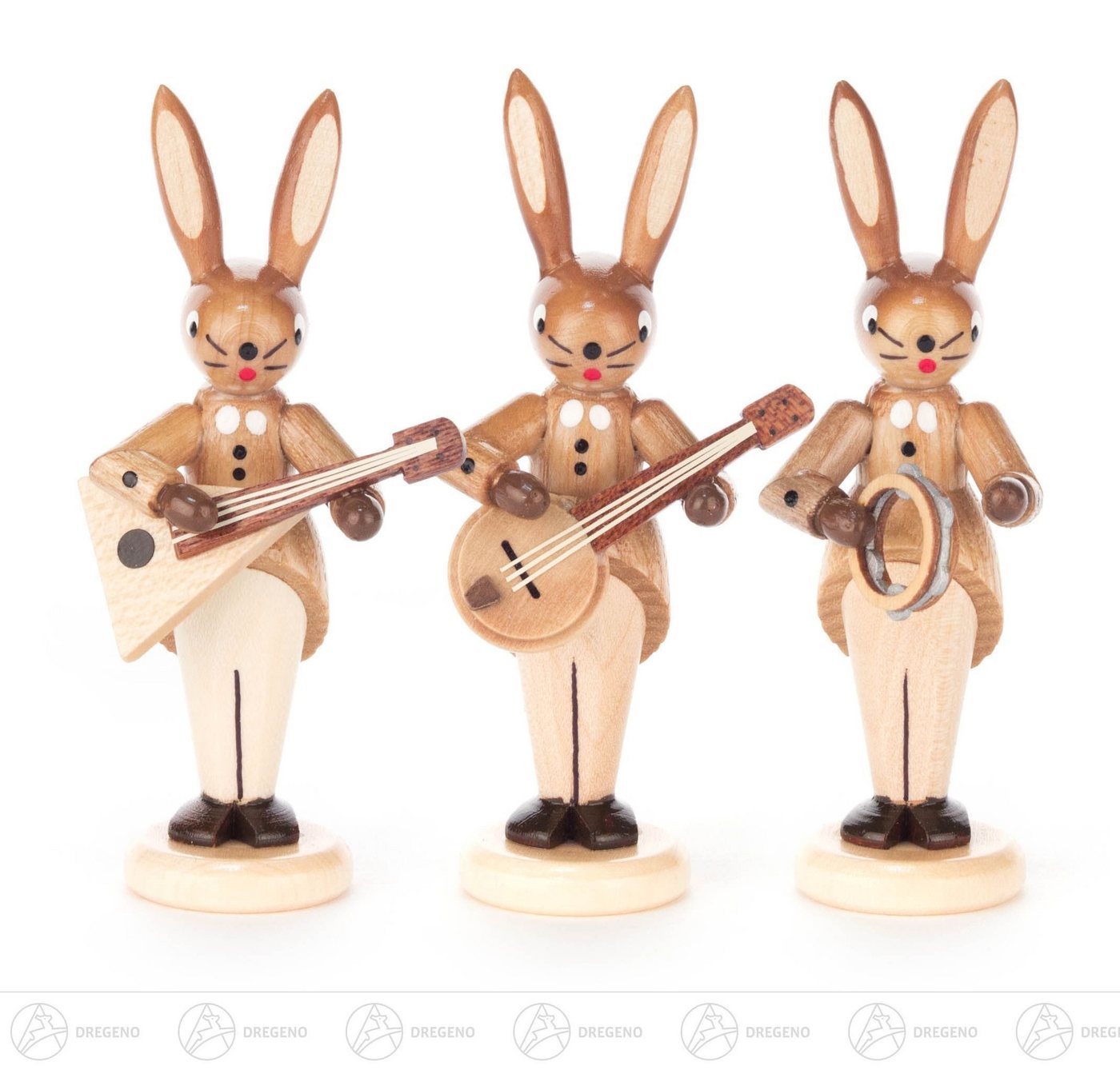 Dregeno Erzgebirge Osterhase Hasentrio mit Balalaika, Banjo und Schellenring, natur Höhe = 8cm NEU von Dregeno Erzgebirge