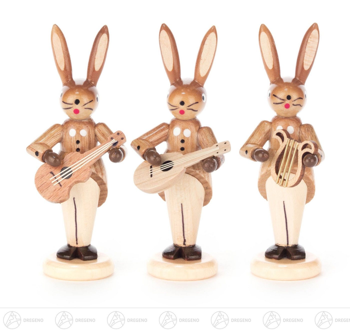 Dregeno Erzgebirge Osterhase Hasentrio mit Gitarre, Mandoline und Lyra, natur Höhe = 8cm NEU von Dregeno Erzgebirge