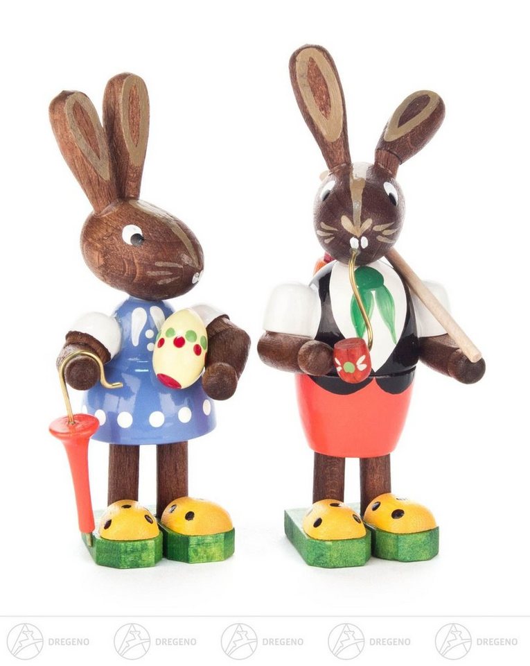 Dregeno Erzgebirge Osterhase Ostern & Frühjahr Hasenpaar mit Ei, Schirm und Pfeife Höhe ca 7,5 cm von Dregeno Erzgebirge