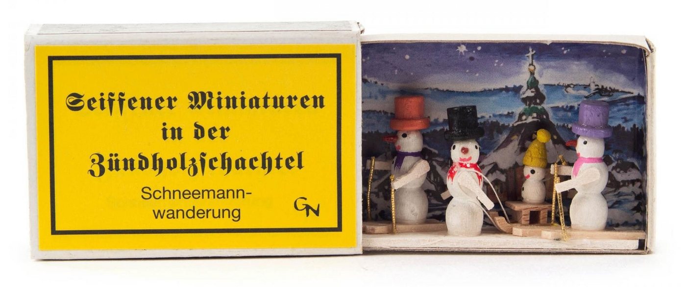 Dregeno Erzgebirge Weihnachtsfigur Zündholzschachtel Schneemannwanderung BxH = 5,5x4cm NEU, für Setzkasten von Dregeno Erzgebirge