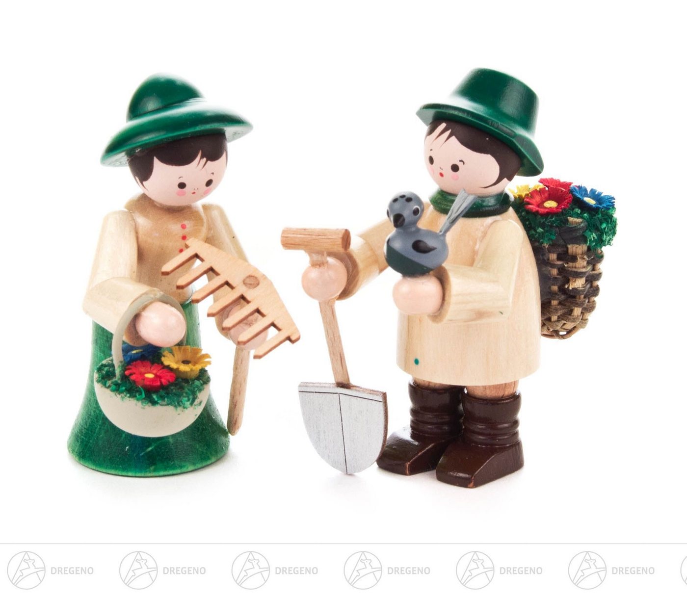 Dregeno Erzgebirge Weihnachtsfigur Miniatur Gärtnerpaar farbig Höhe ca 5,5 cm NEU, mit Harke Schaufel und Korb von Dregeno Erzgebirge