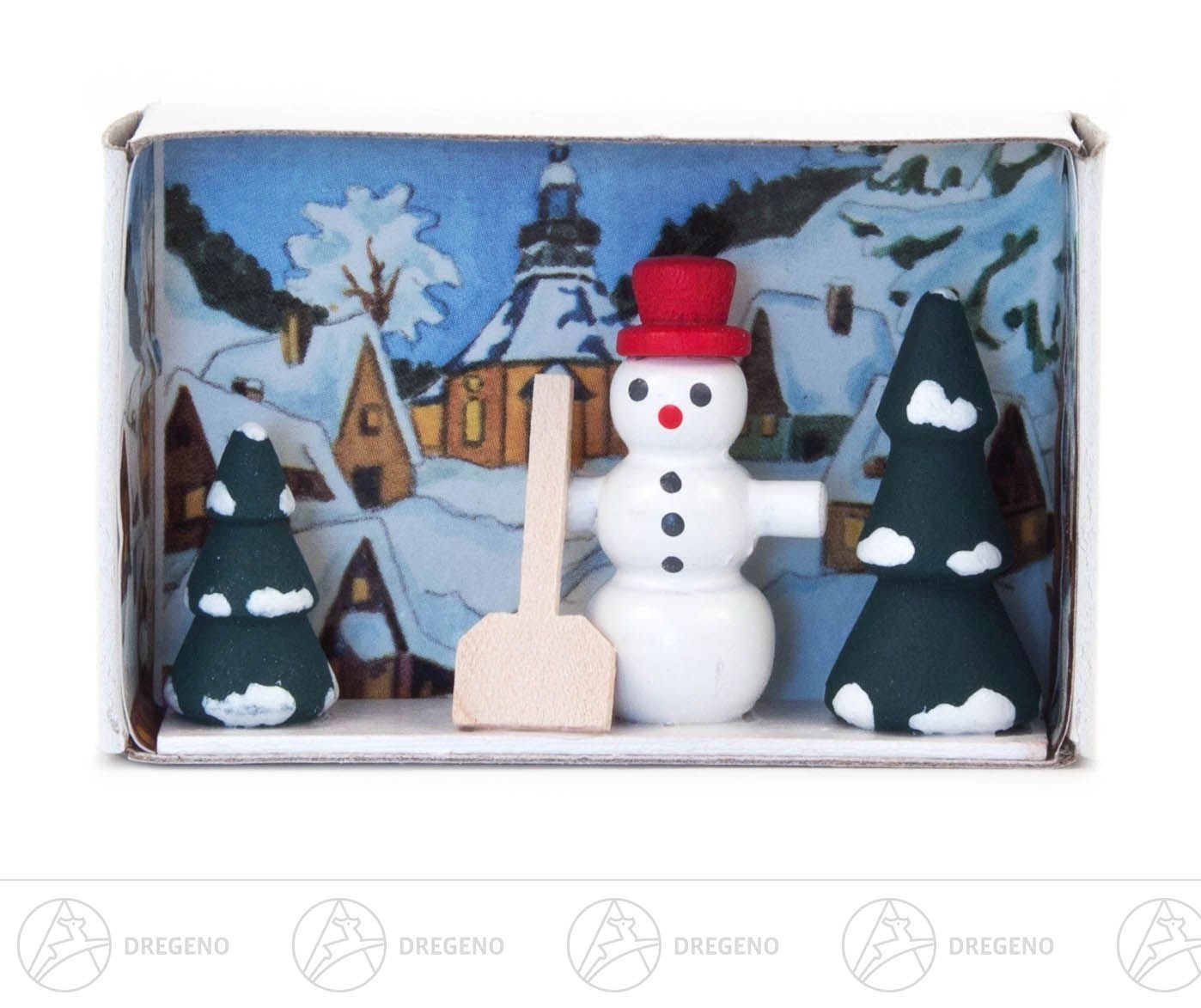 Dregeno Erzgebirge Weihnachtsfigur Miniatur Zündholzschachtel Schneemann Breite x Höhe ca 5,5 cmx4 cm, für Setzkasten von Dregeno Erzgebirge