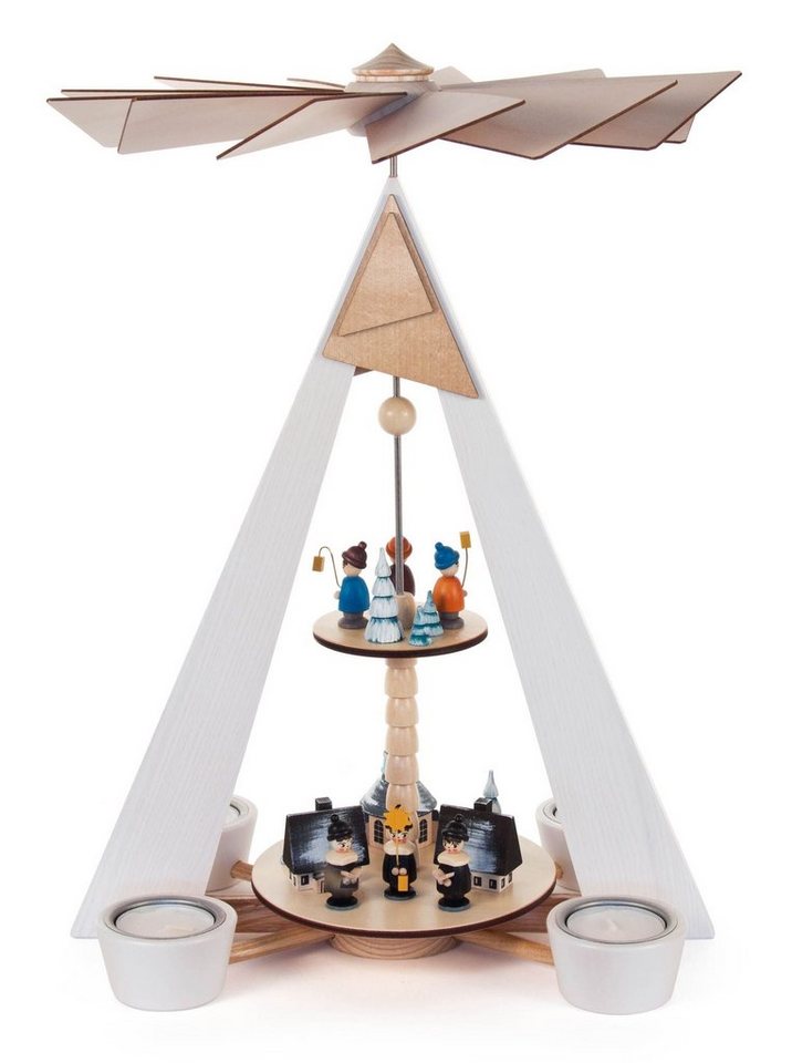 Dregeno Erzgebirge Weihnachtspyramide Pyramide Schneemann-Karussell, für Teelichte BxHxT 265 x 285 x 265mm, Pyramide mit Kurrendefiguren und Spielzeugdorf mit Kirche von Dregeno Erzgebirge