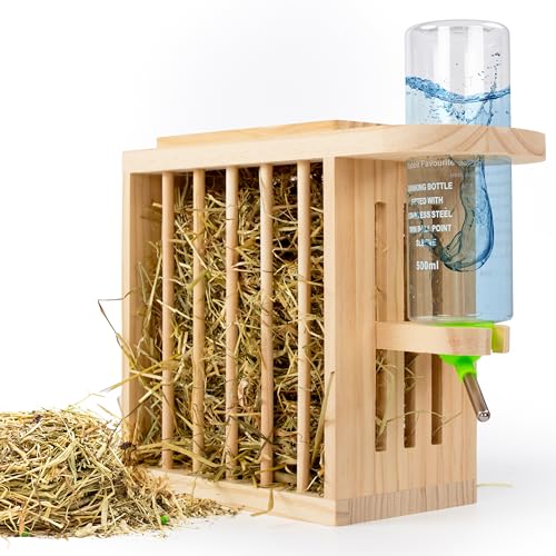 Heuraufe inkl. höhenverstellbarer Trinkflasche. Naturholz. Meerschweinchen Heuraufe, Kaninchen, Hasen, Hamster Trinkflasche. Perfekt für Kaninchenstall. Hasen Zubehör Kaninchen Zubehör | Drei Eichen von Drei Eichen