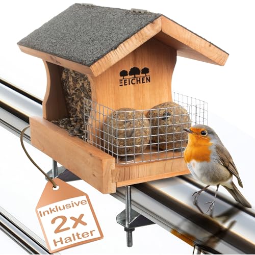Vogelfutterhaus mit 2 x Balkonhalterung und wetterfestem Holz inkl. Wasserablauf und Meisenknödelhalter | Vogelhaus Balkon | Vogelfutterspender Balkon aufhängen Vogelhaus Balkongeländer | Drei Eichen von Drei Eichen