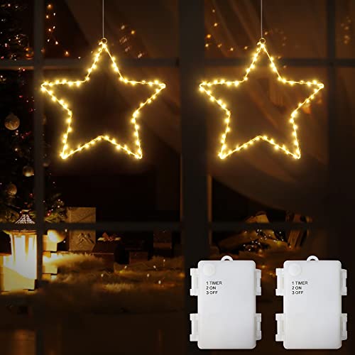 DreiWasser Beleuchtet LED Fensterdeko Stern warmweiß Batteriebetrieben, 2 Stück 120 LED Leuchtsrentier Weihnachten mit 1m Zuleitung und Timer für Fenster Beleuchtung Deko Hängen Weihnachtsdeko von DreiWasser