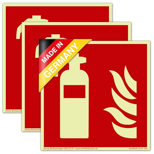3 Schilder Feuerlöscher | extra langnachleuchtend | PVC selbstklebend 148x148mm | DIN EN ISO 7010 F001 | DIN 67510 (Brandschutzzeichen) Dreifke® extra 160 von Dreifke