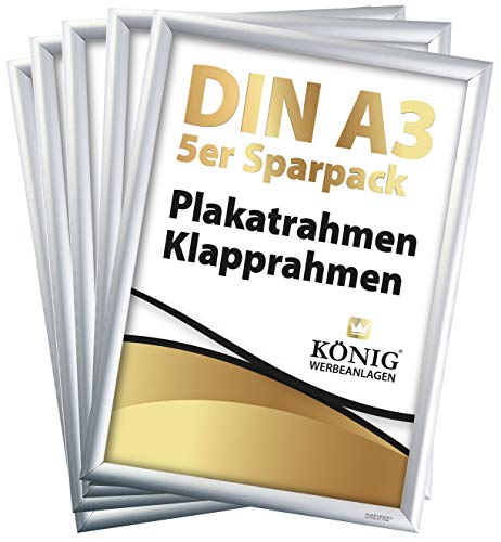 5 Plakatrahmen DIN A3 | 25mm Aluminium Profil, Silber | inkl. entspiegelter Schutzscheibe | Alu Klapprahmen Wechselrahmen Posterrahmen | 5er Sparpack | Dreifke® von Dreifke