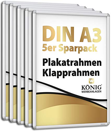 5 Plakatrahmen DIN A3 | abgerundete Ecken | 25mm Alu Profil, Silber | inkl. entspiegelter Schutzscheibe | Alu Klapprahmen Wechselrahmen Posterrahmen | 5er Sparpack | Dreifke® von Dreifke