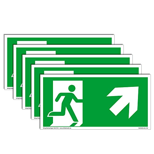 5 Schilder Notausgang | extra langnachleuchtend | PVC selbstklebend 297x148mm | gemäß ASR A1.3 DIN 7010 67510 | Notausgangsschild rechts schräg aufwärts | Fluchtweg Rettungsweg | Dreifke® extra 160 von Dreifke