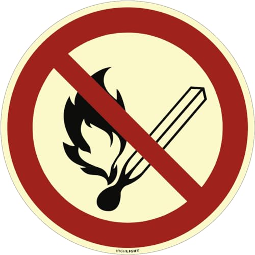 Dreifke® Alu-Schild "Keine offene Flamme; Feuer, offene Zündquelle und Rauchen verboten", Ø40cm, langnachleuchtend, Klasse C gem. DIN 67510, 1 Stück, Gebotszeichen (P003) gem. ISO 7010 von Dreifke