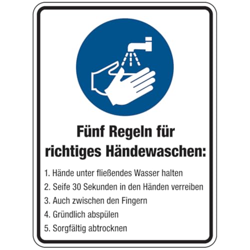 Dreifke® Kunststoff-Schild "Hände waschen", 15x20cm (BxH), 1 Stück, Gebotszeichen (M011) gem. ISO 7010 mit Text: 5 Regeln für richtiges Händewaschen von Dreifke